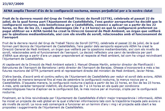Notcia publicada per la web de l'OMSICA sobre la reuni 16 del GTTR de l'aeroport de Barcelona-El Prat (23 de Juliol de 2009)